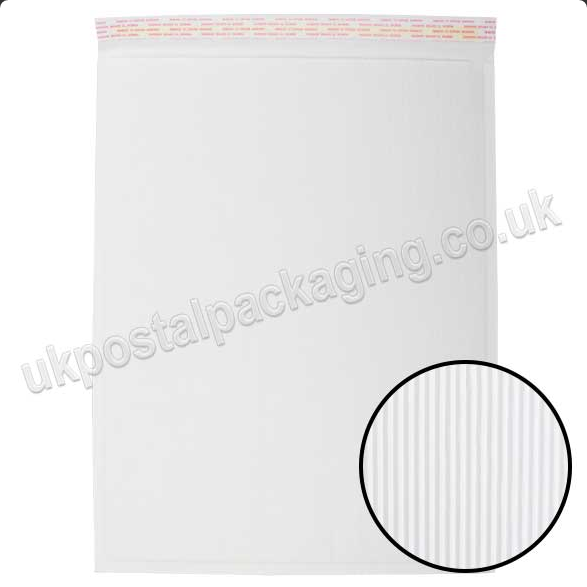 White paper padded mailing bag, showing corrugated protective inner